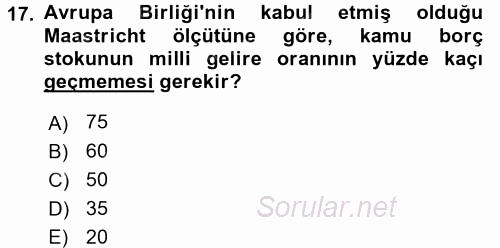 Maliye Politikası 1 2016 - 2017 Dönem Sonu Sınavı 17.Soru