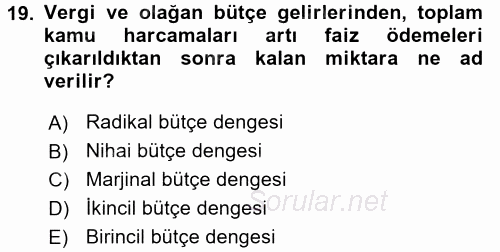 Maliye Politikası 1 2016 - 2017 Dönem Sonu Sınavı 19.Soru