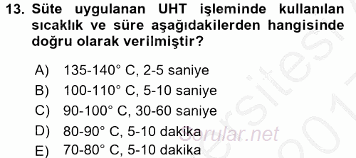 Hijyen ve Sanitasyon 2016 - 2017 3 Ders Sınavı 13.Soru