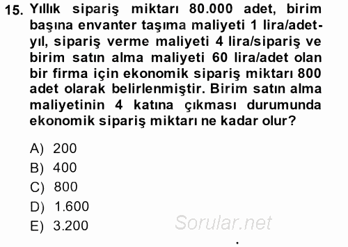 Uluslararası Lojistik 2014 - 2015 Dönem Sonu Sınavı 15.Soru