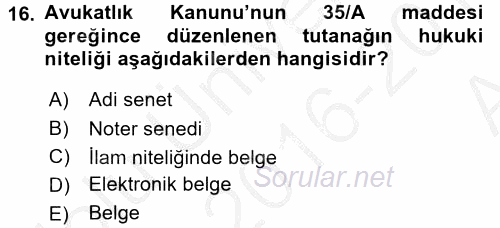 Hukuk Dili Ve Adli Yazışmalar 2016 - 2017 Ara Sınavı 16.Soru