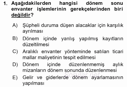 Envanter ve Bilanço 2015 - 2016 Dönem Sonu Sınavı 1.Soru