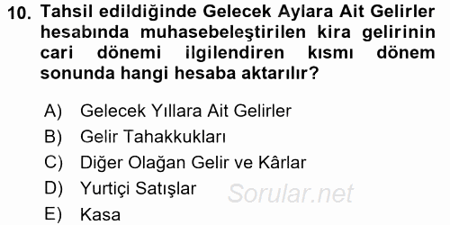 Envanter ve Bilanço 2015 - 2016 Dönem Sonu Sınavı 10.Soru