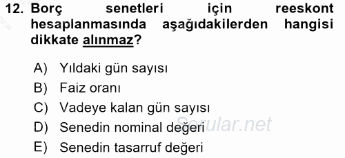 Envanter ve Bilanço 2015 - 2016 Dönem Sonu Sınavı 12.Soru