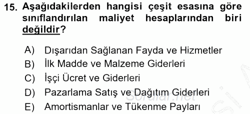 Envanter ve Bilanço 2015 - 2016 Dönem Sonu Sınavı 15.Soru