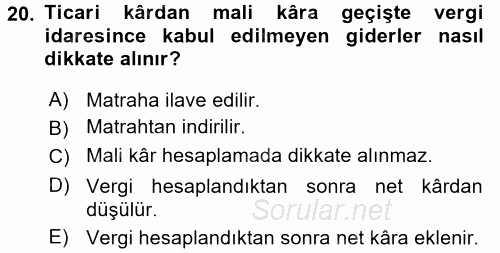 Envanter ve Bilanço 2015 - 2016 Dönem Sonu Sınavı 20.Soru
