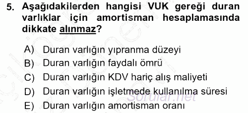 Envanter ve Bilanço 2015 - 2016 Dönem Sonu Sınavı 5.Soru