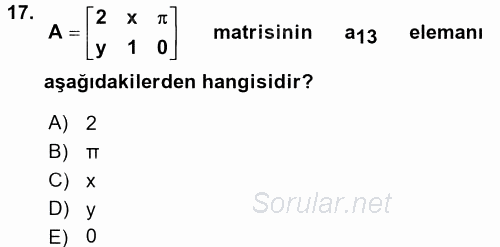 Coğrafi Bilgi Sistemleri İçin Temel Matematik 2016 - 2017 Ara Sınavı 17.Soru