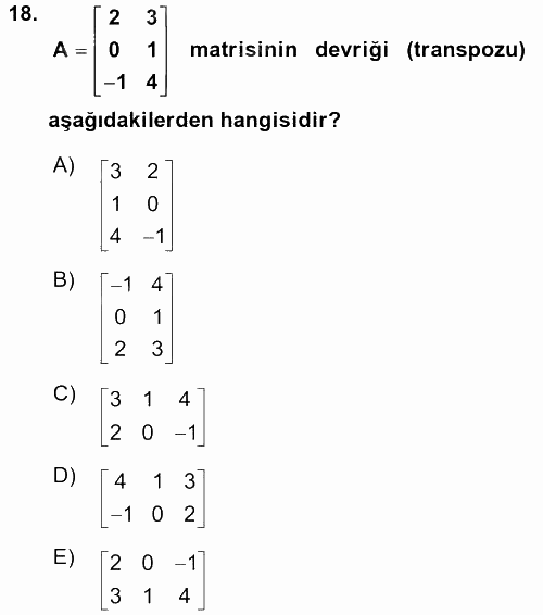 Coğrafi Bilgi Sistemleri İçin Temel Matematik 2016 - 2017 Ara Sınavı 18.Soru