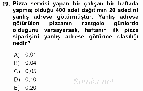 Coğrafi Bilgi Sistemleri İçin Temel Matematik 2016 - 2017 Ara Sınavı 19.Soru