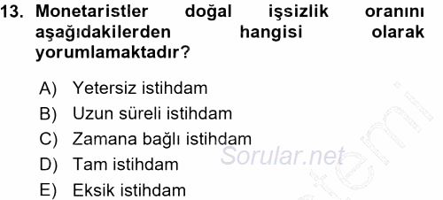 İstihdam ve İşsizlik 2015 - 2016 Ara Sınavı 13.Soru