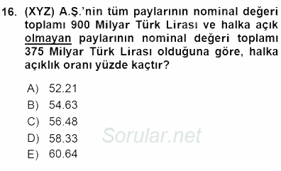 Borsaların Yapısı ve İşleyişi 2015 - 2016 Ara Sınavı 16.Soru