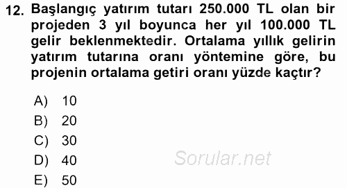 Finansal Yönetim 2 2016 - 2017 Ara Sınavı 12.Soru