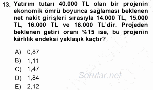 Finansal Yönetim 2 2016 - 2017 Ara Sınavı 13.Soru