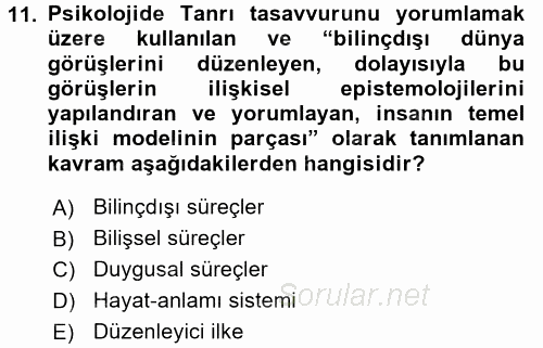 Din Psikolojisi 2017 - 2018 Dönem Sonu Sınavı 11.Soru