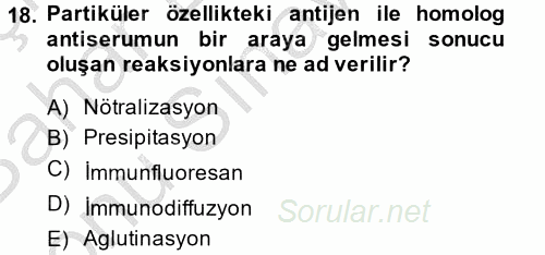 Temel Veteriner Mikrobiyoloji ve İmmünoloji 2014 - 2015 Dönem Sonu Sınavı 18.Soru