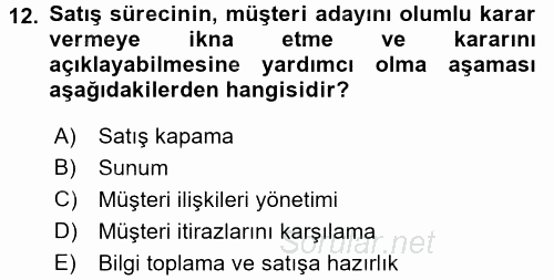 Satış Teknikleri 2015 - 2016 Dönem Sonu Sınavı 12.Soru
