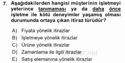 Satış Teknikleri 2015 - 2016 Dönem Sonu Sınavı 7.Soru