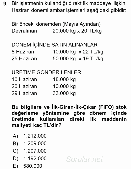 Maliyet Analizleri 2015 - 2016 Tek Ders Sınavı 9.Soru