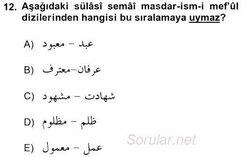 Osmanlı Türkçesi Grameri 1 2016 - 2017 Ara Sınavı 12.Soru