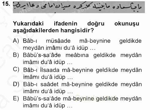 Osmanlı Türkçesi Metinleri 2 2014 - 2015 Ara Sınavı 15.Soru
