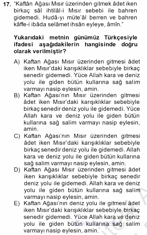 Osmanlı Türkçesi Metinleri 2 2014 - 2015 Ara Sınavı 17.Soru