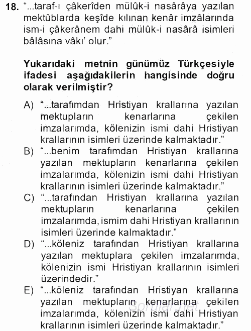 Osmanlı Türkçesi Metinleri 2 2014 - 2015 Ara Sınavı 18.Soru