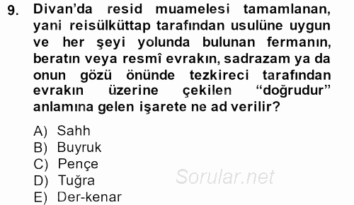 Osmanlı Türkçesi Metinleri 2 2014 - 2015 Ara Sınavı 9.Soru