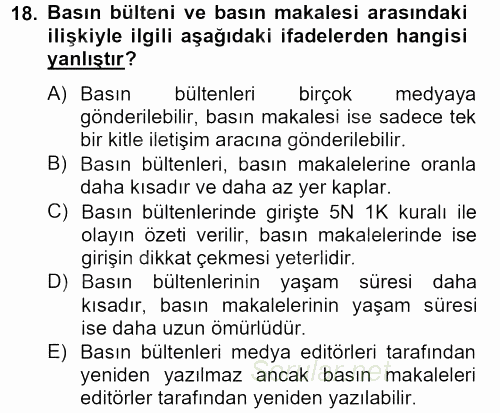 Halkla İlişkiler Uygulamaları ve Örnek Olaylar 2013 - 2014 Tek Ders Sınavı 18.Soru