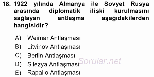 Siyasi Tarih 1 2017 - 2018 3 Ders Sınavı 18.Soru