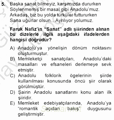 Cumhuriyet Dönemi Türk Şiiri 2014 - 2015 Ara Sınavı 5.Soru