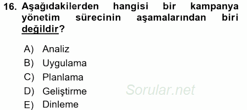 Müşteri İlişkileri Yönetimi 2015 - 2016 Tek Ders Sınavı 16.Soru