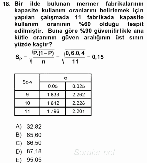 Coğrafi Bilgi Sistemleri İçin Temel İstatistik 2015 - 2016 Ara Sınavı 18.Soru