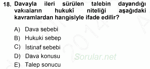 Medeni Usul Hukuku 2014 - 2015 Ara Sınavı 18.Soru