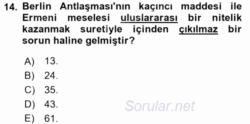 Osmanlı Tarihi (1876–1918) 2016 - 2017 Ara Sınavı 14.Soru