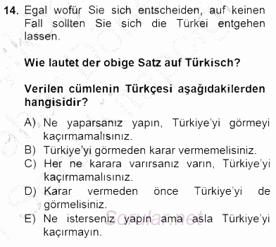 Turizm Için Almanca 2 2014 - 2015 Ara Sınavı 14.Soru