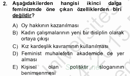 Toplumsal Cinsiyet Çalışmaları 2014 - 2015 Dönem Sonu Sınavı 2.Soru