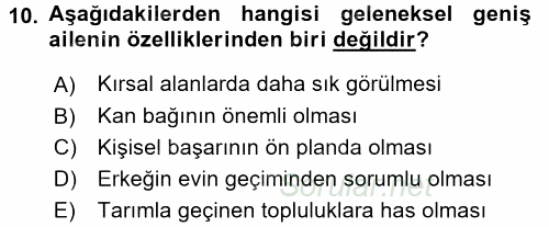 Aile Yapısı ve İlişkileri 2016 - 2017 Ara Sınavı 10.Soru