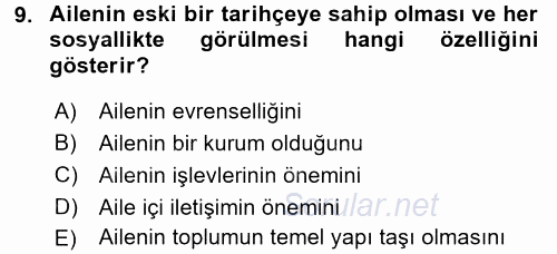 Aile Yapısı ve İlişkileri 2016 - 2017 Ara Sınavı 9.Soru