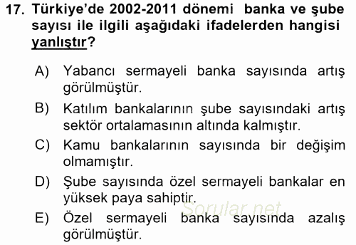 Bankacılık Ve Sigortacılığa Giriş 2017 - 2018 Ara Sınavı 17.Soru