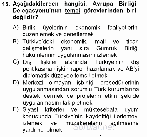 Avrupa Birliği ve Türkiye İlişkileri 2014 - 2015 Ara Sınavı 15.Soru