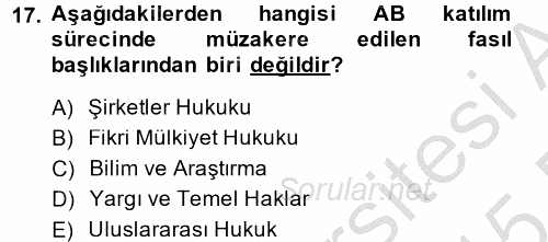 Avrupa Birliği ve Türkiye İlişkileri 2014 - 2015 Ara Sınavı 17.Soru