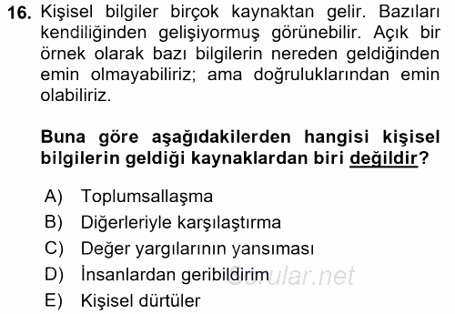 Sosyal Psikoloji 2 2017 - 2018 Dönem Sonu Sınavı 16.Soru