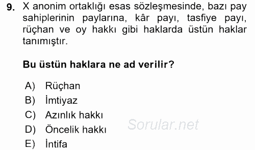 Ticaret Hukuku 2017 - 2018 Dönem Sonu Sınavı 9.Soru