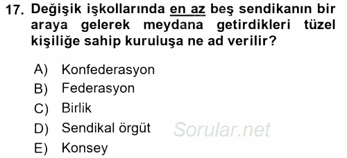 Toplu İş Hukuku 2015 - 2016 Tek Ders Sınavı 17.Soru