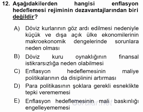 Para Politikası 2017 - 2018 Dönem Sonu Sınavı 12.Soru