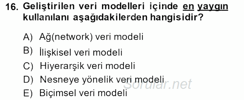 Sağlık Kurumlarında Bilgi Sistemleri 2014 - 2015 Ara Sınavı 16.Soru