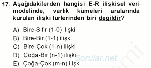 Sağlık Kurumlarında Bilgi Sistemleri 2014 - 2015 Ara Sınavı 17.Soru