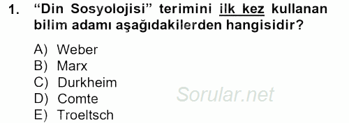 Din Sosyolojisi 2013 - 2014 Tek Ders Sınavı 1.Soru