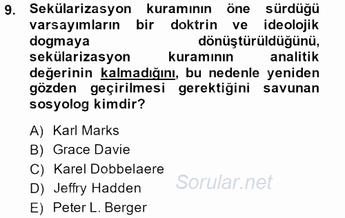 Din Sosyolojisi 2013 - 2014 Tek Ders Sınavı 9.Soru